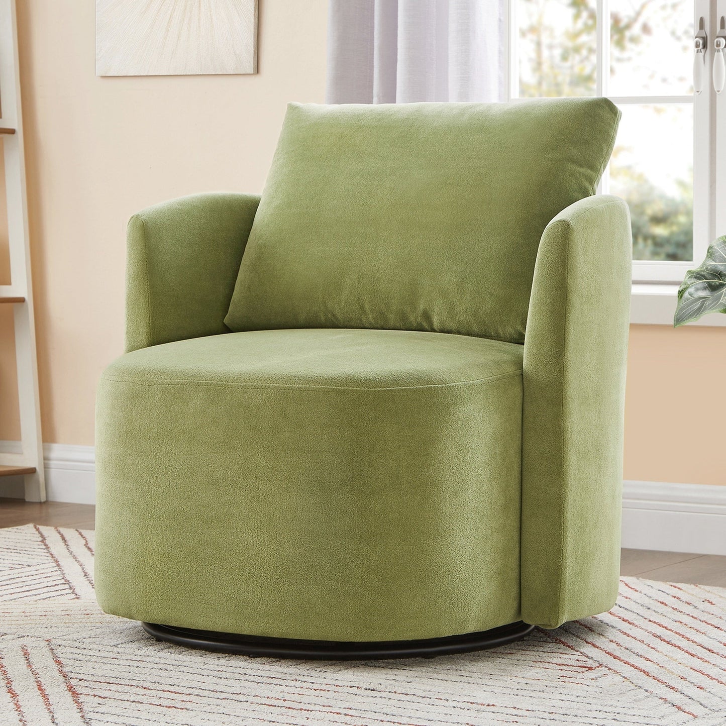 360° Swivel Chair, 29.9' Accent Barrel Armchair, Upholstered With Curved Design, Green Chenille, for Living Room and Off