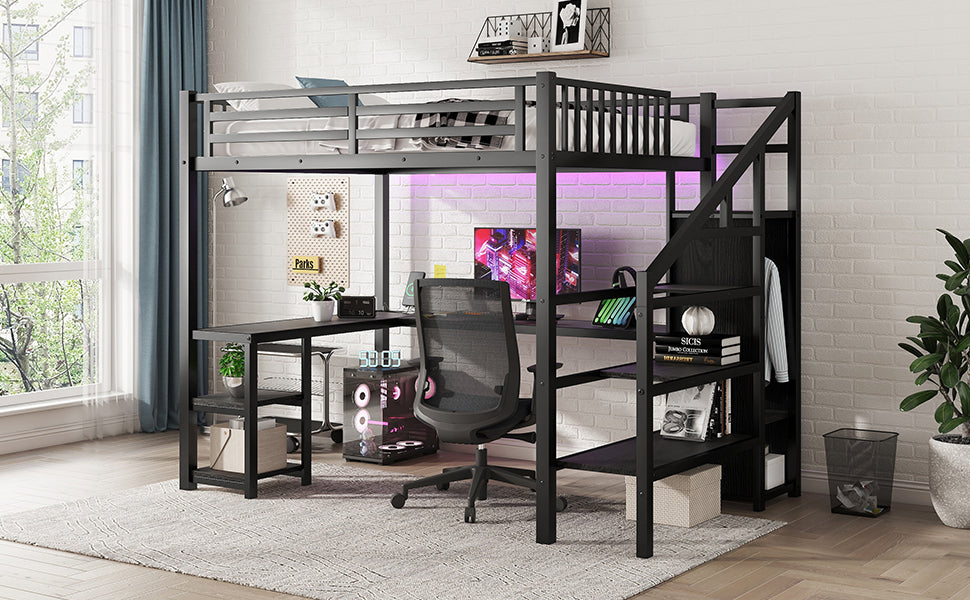 Metal Full Loft Bed With Wardrobe and LED Light, Full Size Loft Bed With L Shaped Desk and USB for Kids Teens Adults, Bl