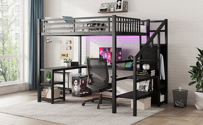 Metal Full Loft Bed With Wardrobe and LED Light, Full Size Loft Bed With L Shaped Desk and USB for Kids Teens Adults, Bl