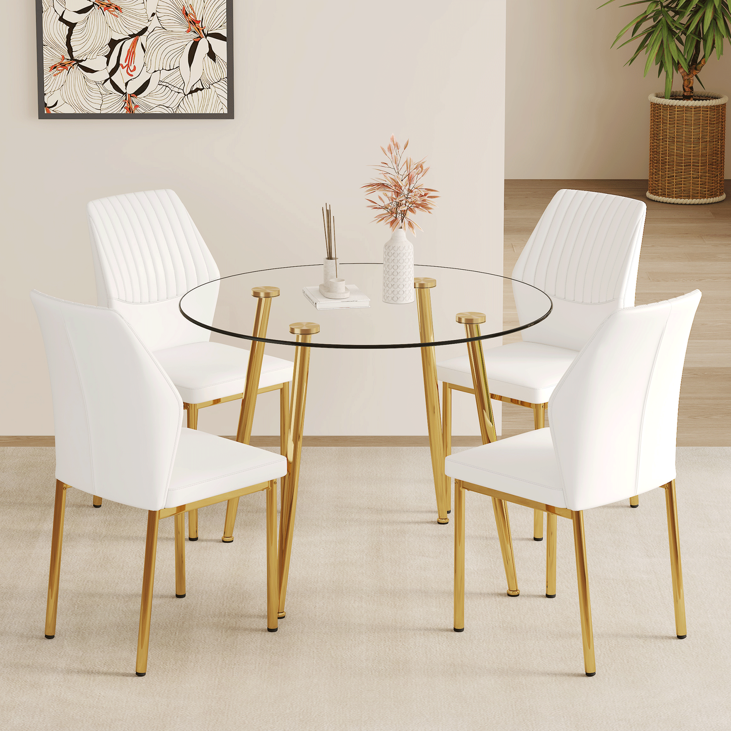 Table and Chair Set.39.7 Inch Diameter Modern Luxury Glass Dining Table and Chair Set - Gold Metal Legs.Paired With 4 WH