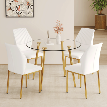 Table and Chair Set.39.7 Inch Diameter Modern Luxury Glass Dining Table and Chair Set - Gold Metal Legs.Paired With 4 WH