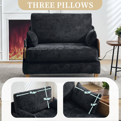 Mid-Century Modern Foldable Sofa Bed Recliner, 3-In-1 Convertible Sleeper With Three Pillows, Black Chenille for Small S