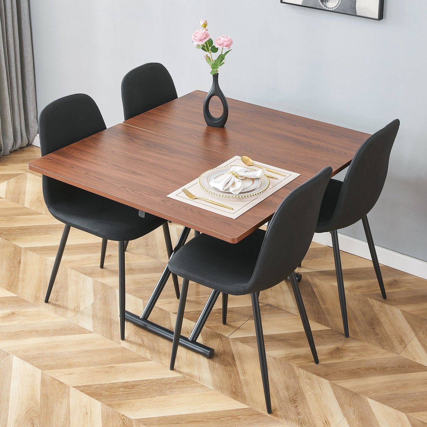 Table and Chair set.Modern Multifunctional Lifting Platform,Walnut Wood Grain Sticker MDF Desktop, Black Metal Legs.Pair