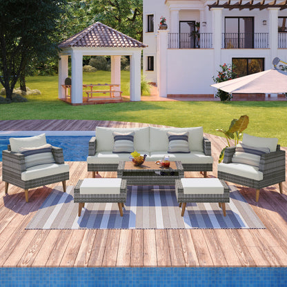 6-Pieces All Weather PE Wicker Sofa Set, Outdoor Rattan Sofa With Double Cushions, Wood Legs Wood Table Top, Beige and G