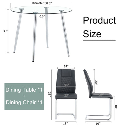 Table and Chair set.A 38.6' Diameter Transparent Tempered Glass Round Dining Table-Silver Metal Legs.Paried With 4 Black