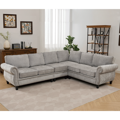 109.5' Modular Sectional Sofa , Rivets Decorated & Rolled Armrest,L Shaped Couch for Living Room, Corner Couch, Chenille