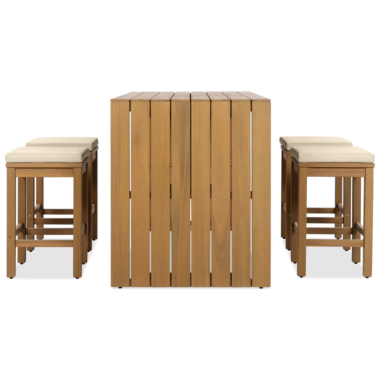 5 Piece Outdoor Bar Set, Patio Acacia Wood Bar Height Table & Four Stools With Cushions, Wood Dining Bar Set for Backyar