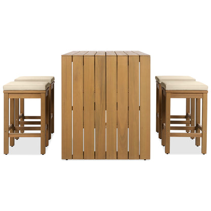 5 Piece Outdoor Bar Set, Patio Acacia Wood Bar Height Table & Four Stools With Cushions, Wood Dining Bar Set for Backyar