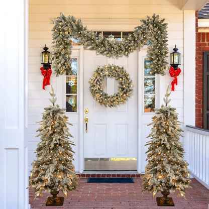 Pre-Lit Christmas Artificial Tree 4-Piece Set, Garland, Wreath and Set of 2 Entrance Trees, X-Mas With LED Lights, PVC F