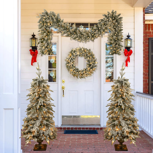 Pre-Lit Christmas Artificial Tree 4-Piece Set, Garland, Wreath and Set of 2 Entrance Trees, X-Mas With LED Lights, PVC F