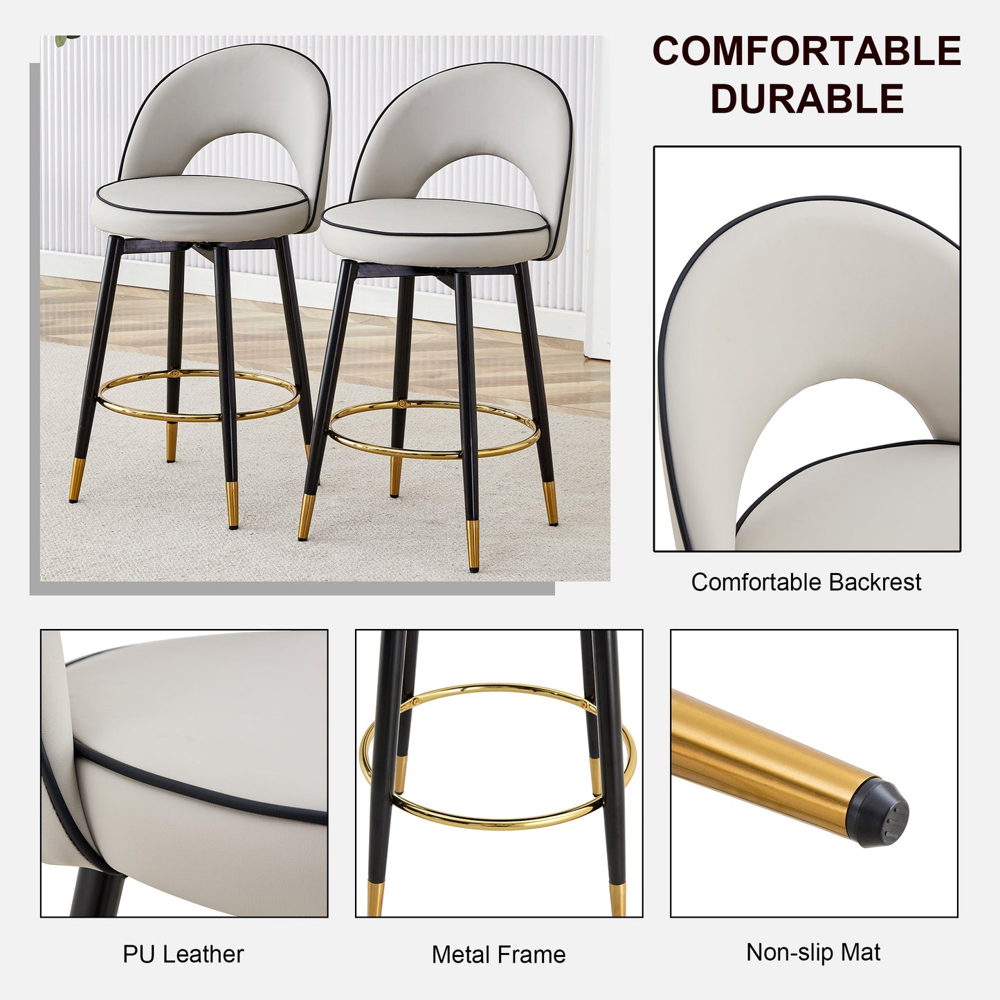 Modern PU Comfortable Upholstered Bar Chair With Smooth and Beautiful Black Metal Legs for Dining Room, Kitchen, Terrace