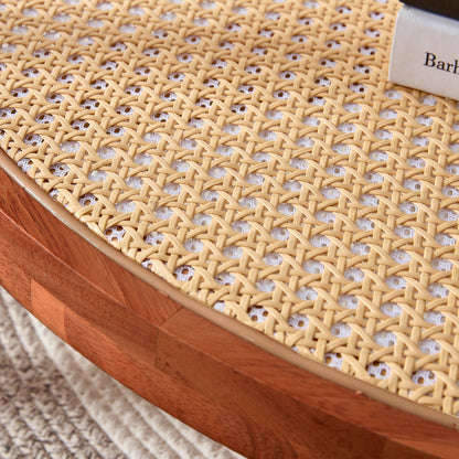 Modern Minimalist Circular Double-Layer Solid Wood Coffee Table With Glass Top, PE Rattan Layer, Walnut Finish