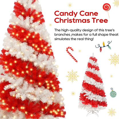 6ft Artificial Christmas Tree With 300 LED Lights and 900 Bendable Branches, Candy Cane Christmas Tree Holiday Decoratio