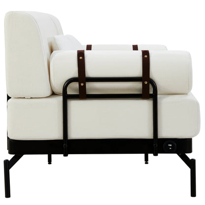 Modern Loveseat Sofa 59' Couch With Flexible USB Ports, Unique Cylindrical Armrests, Beige Chenille