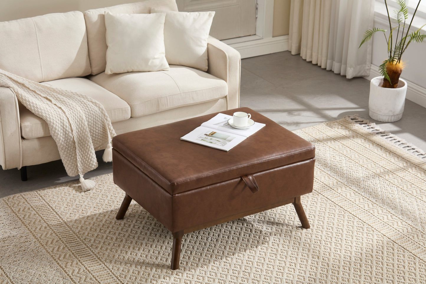 Mid-Century Modern Square Coffee Table Storage Bench, Assembled, Suitable for Living Room, Entryway and Family Room, Use