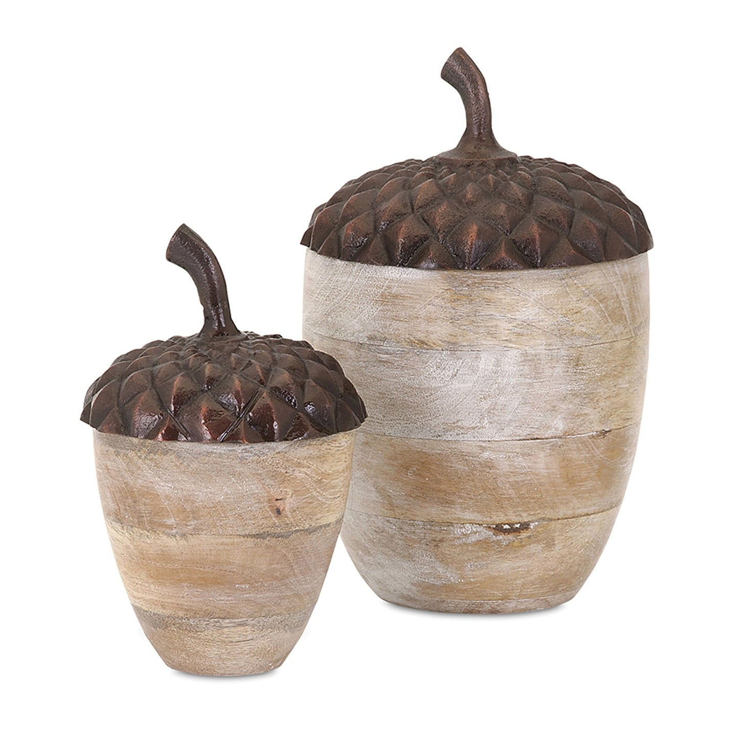 Set of 2 Brown Wooden Acorn Accents With Aluminum Top, L:D6x10'  S:D5x7.5'
