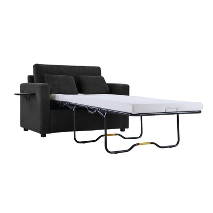 Twin Size Sofa Bed 47.2' Sleeper Sofa Loveseat With Foldable Mattress, Side Table, Storage Pocket, USB Ports, Black Cord