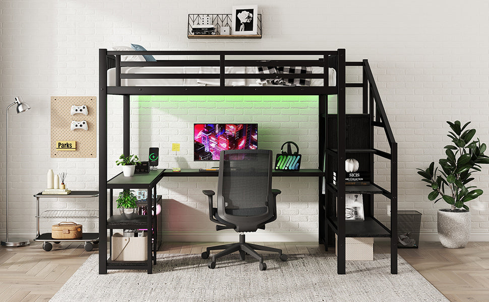 Metal Full Loft Bed With Wardrobe and LED Light, Full Size Loft Bed With L Shaped Desk and USB for Kids Teens Adults, Bl