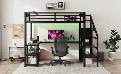 Metal Full Loft Bed With Wardrobe and LED Light, Full Size Loft Bed With L Shaped Desk and USB for Kids Teens Adults, Bl