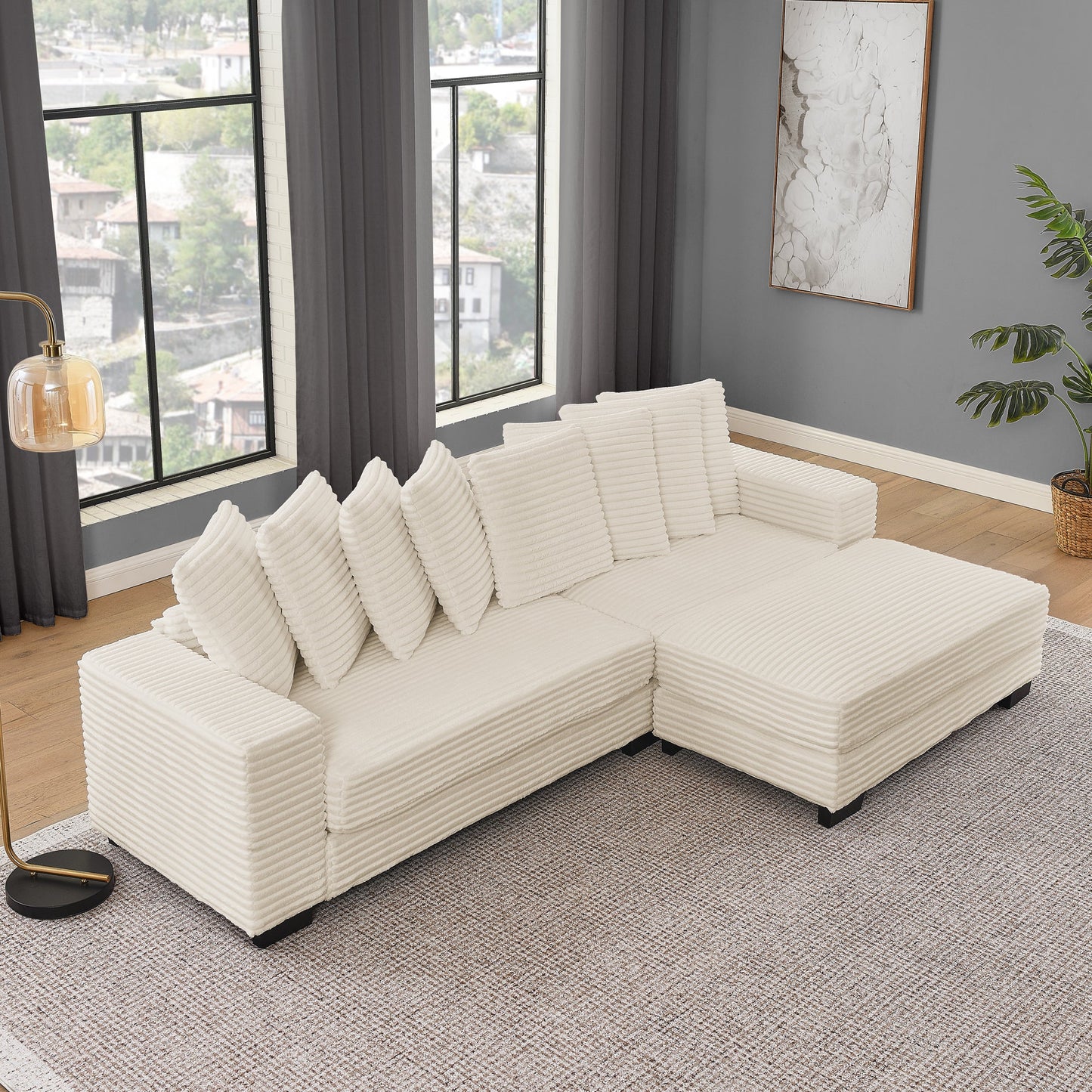 Corduroy Tufted Upholstered Sleeper Sectional Sofa, L-Shaped Modular Convertible Sofa , Can Freely Change the Position O
