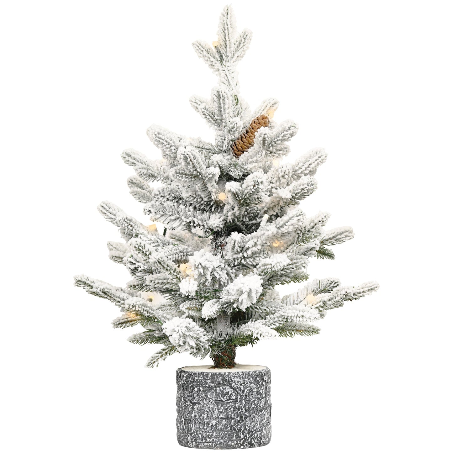 2FT Flocked Christmas Tree With Pot Base, 30 Warm White LED Lights, 189 Tips, PE+PVC Branches With 3 Pine Cones – Small