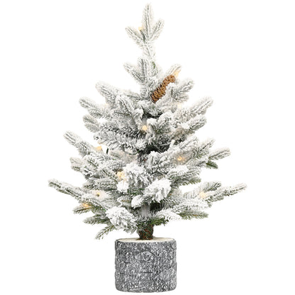 2FT Flocked Christmas Tree With Pot Base, 30 Warm White LED Lights, 189 Tips, PE+PVC Branches With 3 Pine Cones – Small