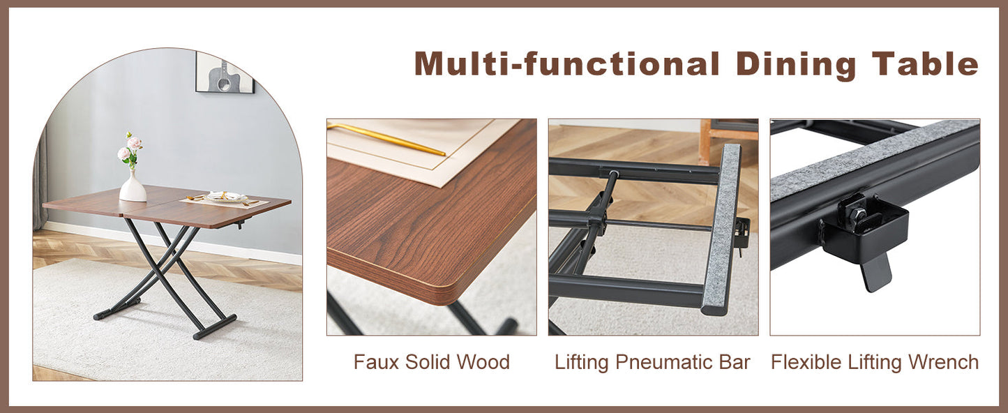 Table and Chair set.Modern Multifunctional Lifting Platform,Walnut Wood Grain Sticker MDF Desktop, Black Metal Legs.Pair