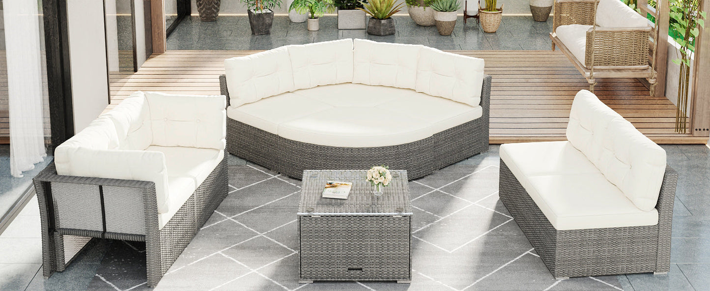 Patio Furniture Set Outdoor Daybed Rattan Sectional With Cushions and Center Table, Beige, Iron & Rattan, Multiple Sizes