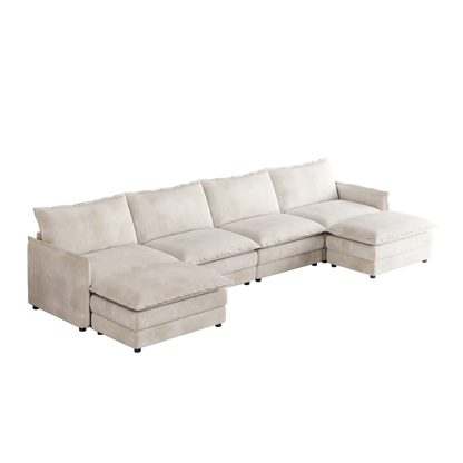 Corduroy Fabric 4-Seater Comfy Cloud Couch With 2 Movable Footrest for Living Room,Oversized Deep Seat U-Shaped Couch Se