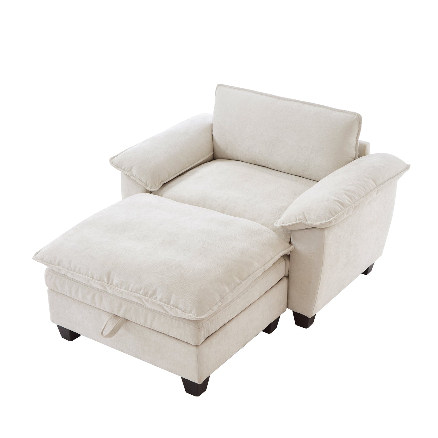 51' Oversize Chaise Lounge Chair With Ottoman and Storage  Upholstered Soft Chenille Beige