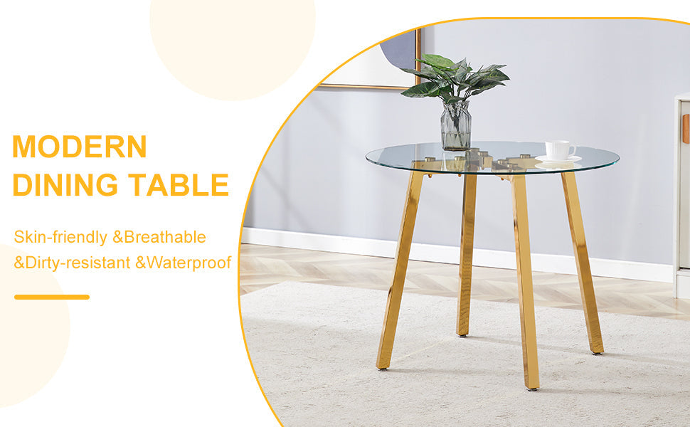 Modern Luxurious Round Tempered Glass Dining Table With Gold 7-Shaped Metal Legs,suitable for Family Meals, Office Confe