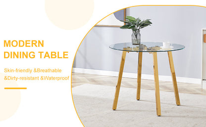 Modern Luxurious Round Tempered Glass Dining Table With Gold 7-Shaped Metal Legs,suitable for Family Meals, Office Confe