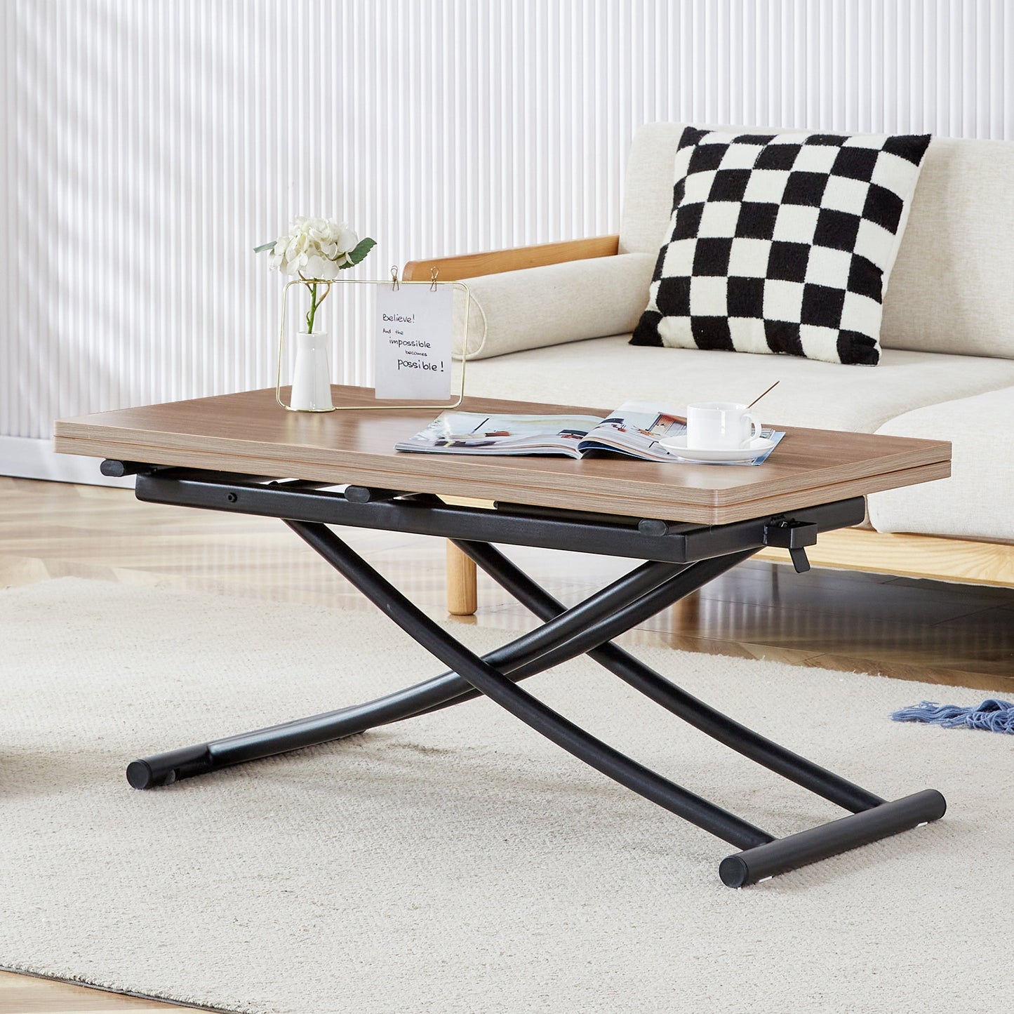 Modern Minimalist Multifunctional Lifting Table, With a 0.8-Inch Wood Grain Process Sticker Desktop and Black Metal Legs