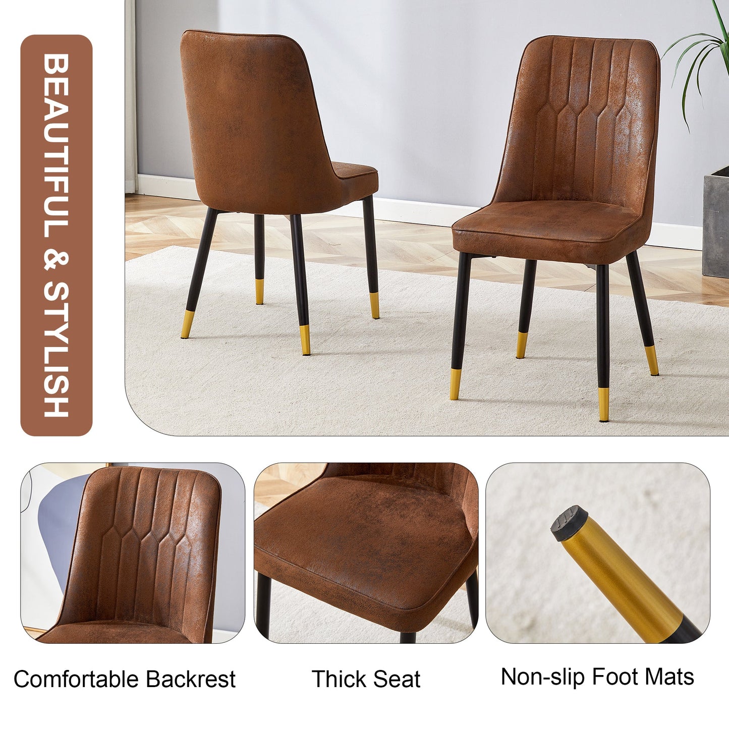 Modern Brown Suede-Like Velvet Dining Chair Set With Black Metal Legs and Gold Accents