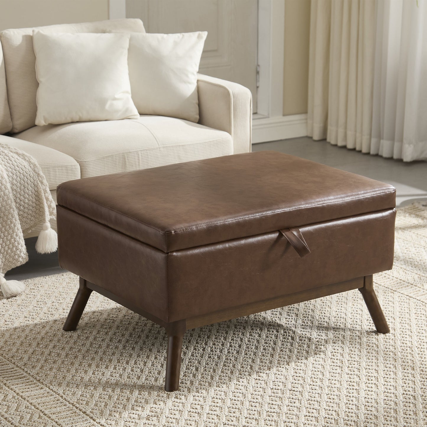 Mid-Century Modern Square Coffee Table Storage Bench, Assembled, Suitable for Living Room, Entryway and Family Room, Use
