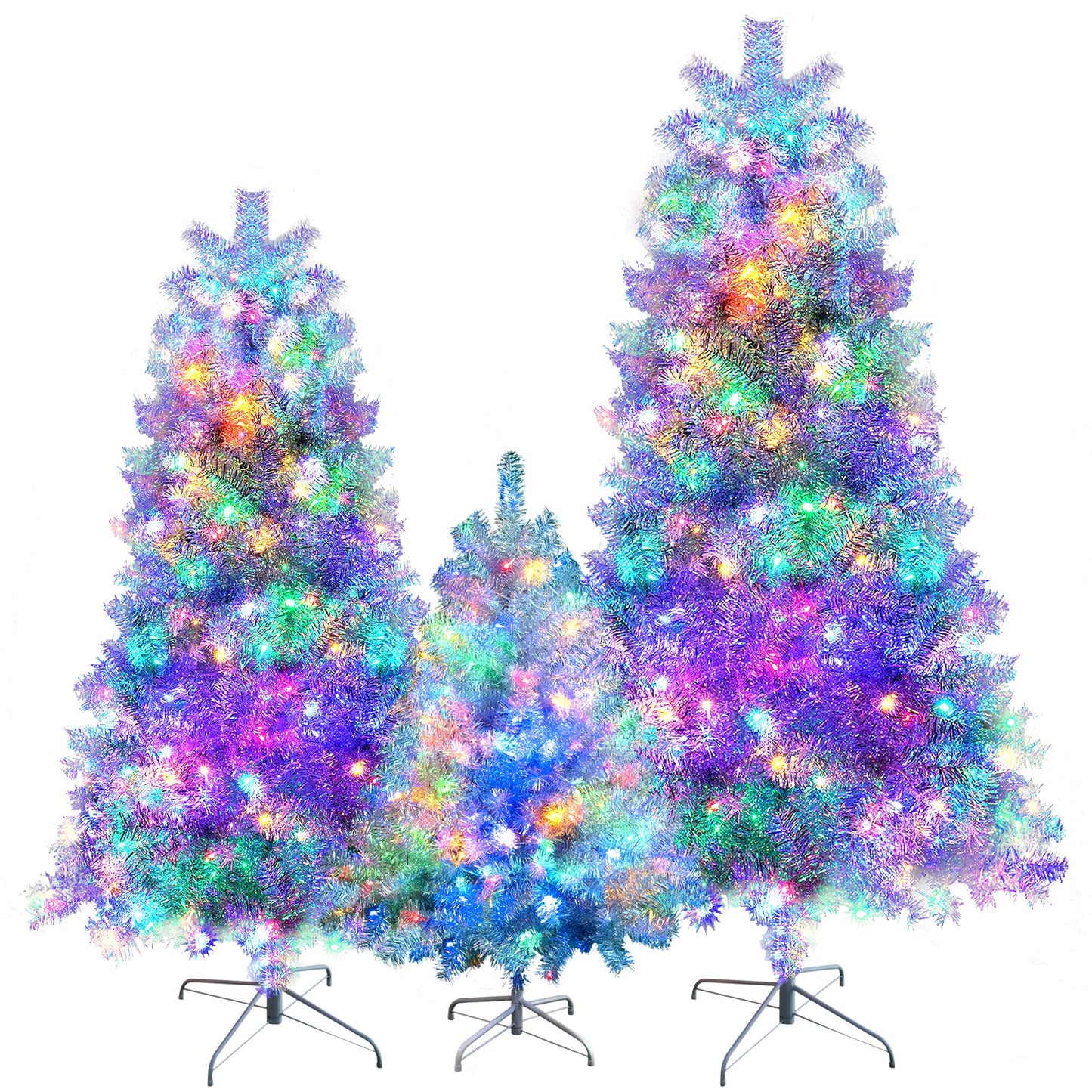 7.4FT, 6FT, 4FT Silver Pre-Lit Artificial Hinged Christmas Tree Set, Holiday Spruce Xmas Tree With 2400 Branch Tips, 850
