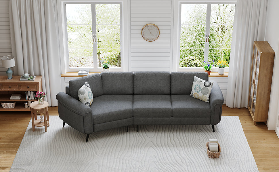 111' Upholstered 3-Seater Sofa Curved Sofa Couch With Two Printed Pillows for Living Room, Dark Gray