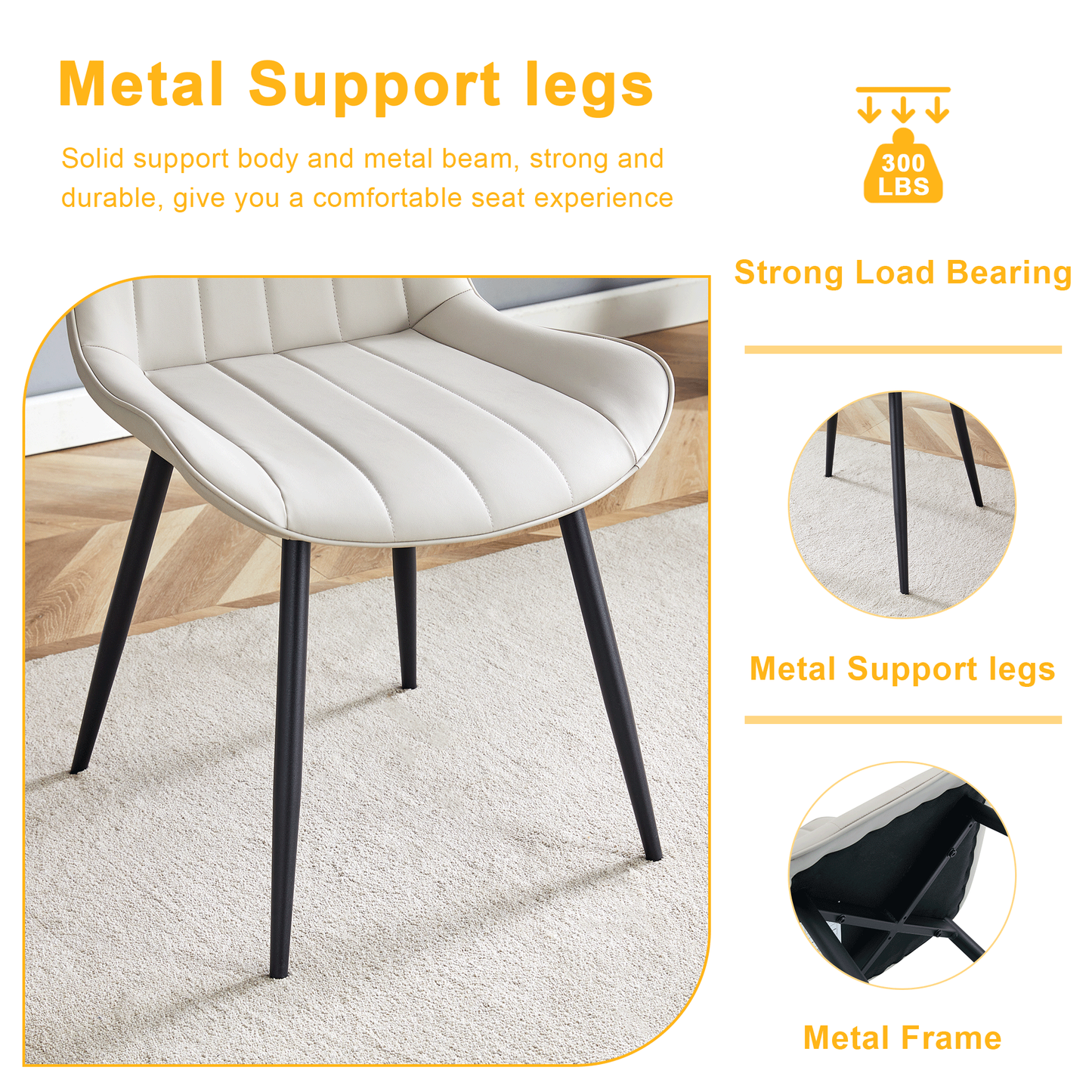 Ergonomic PU Leather Dining Chair Set With Extended Seat Cushion, Metal Legs, Black/Gray