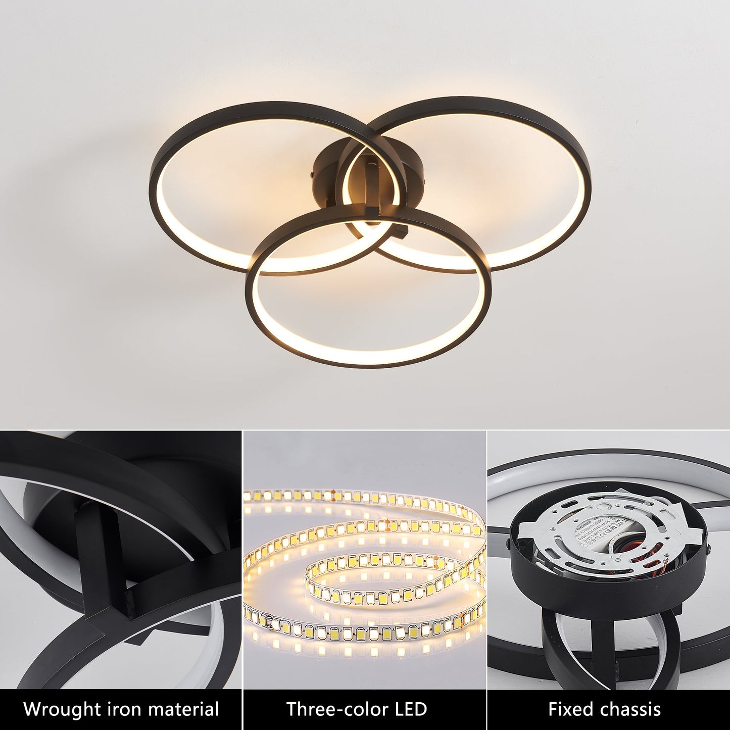 20' Modern Black LED Ceiling Light, 3-Ring Flush Mount Fixture for Living Room, Bedroom, or Dining Room, Sleek and Energ