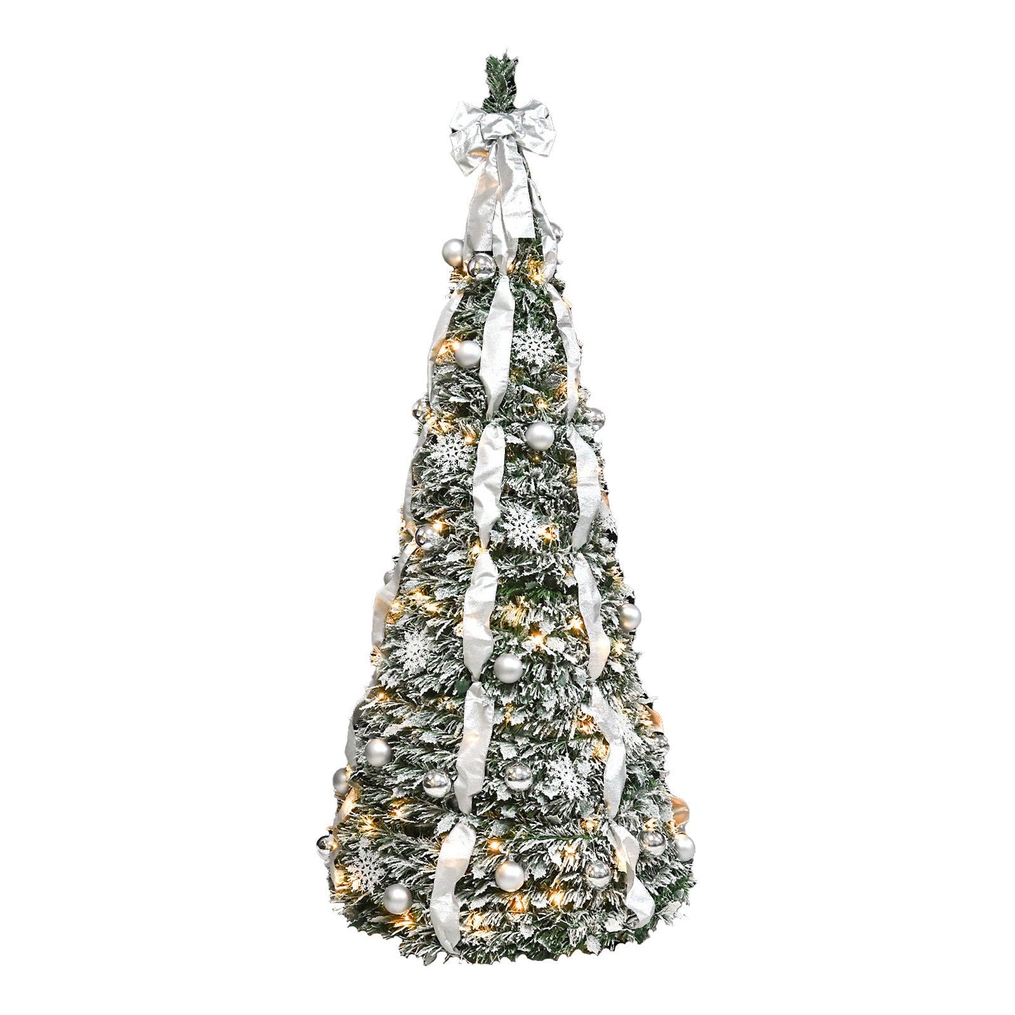 6FT Flocked Pop-Up Christmas Tree With 150 Warm White UL Lights – Pre-Decorated With  Ornaments, Snowflakes, Ribbons & L