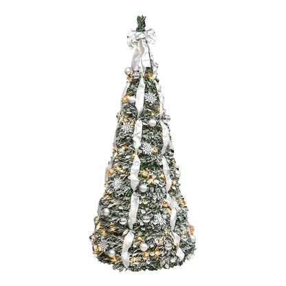 6FT Flocked Pop-Up Christmas Tree With 150 Warm White UL Lights – Pre-Decorated With  Ornaments, Snowflakes, Ribbons & L