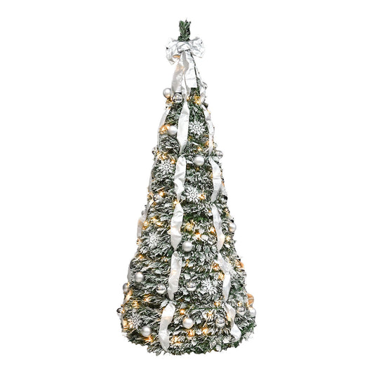 6FT Flocked Pop-Up Christmas Tree With 150 Warm White UL Lights – Pre-Decorated With  Ornaments, Snowflakes, Ribbons & L