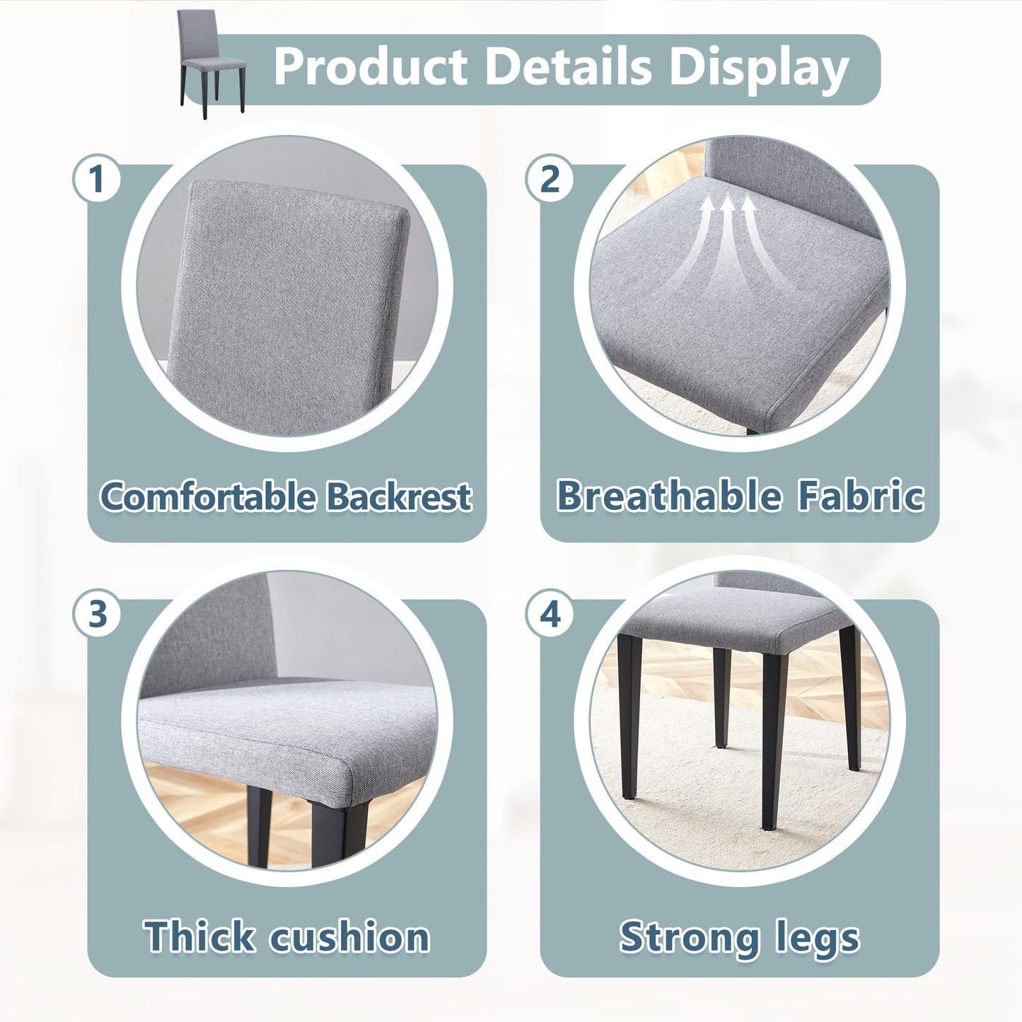 Exquisite Light Gray Linen-Cotton Dining Chairs Set of 4, Simple and Versatile Design With Comfortable Seating