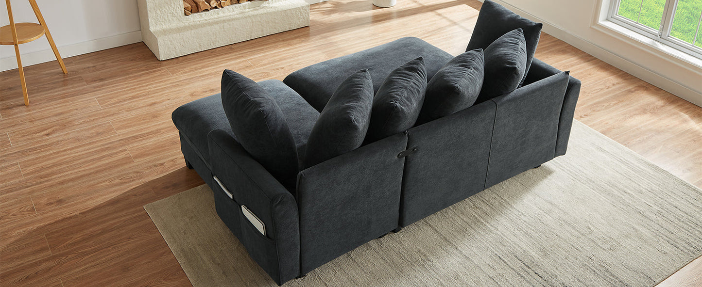 Black Upholstered 83' L-Shaped Sectional Sofa With Storage, Movable Ottoman, and Six Throw Pillows