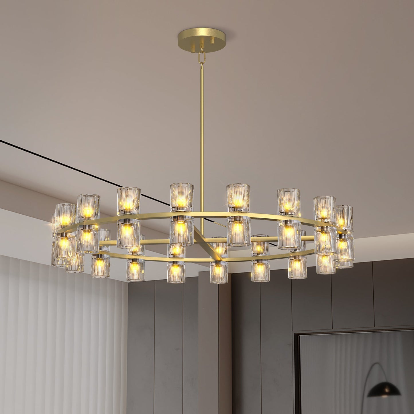 Modern 36' Gold Round Chandelier Light Fixture, K9 Crystal Chandeliers for Dining Room, Living Room, Dining Room Chandel
