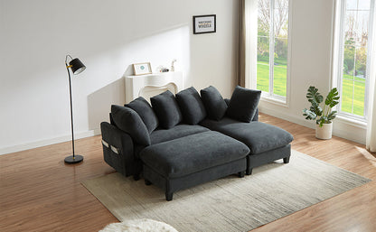 Black Upholstered 83' L-Shaped Sectional Sofa With Storage, Movable Ottoman, and Six Throw Pillows