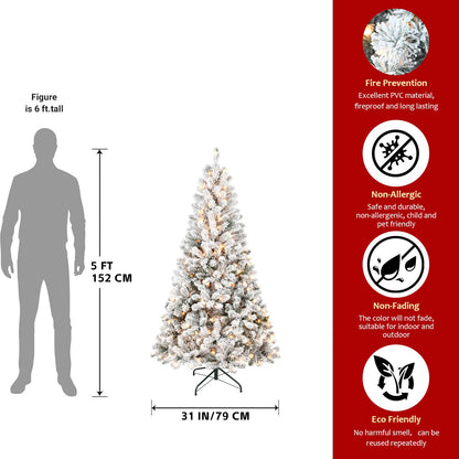 7FT Flocked Christmas Tree With 350 Warm White Incandescent Lights – Snowy Artificial Holiday Tree With 1022 Tips and St