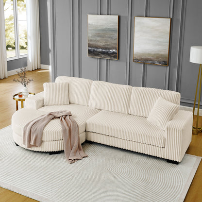 Corduroy Tufted Upholstered Sleeper Sectional Sofa, L-Shaped Modular Convertible Sofa ,The Arc-Shaped Footstool Can Be P
