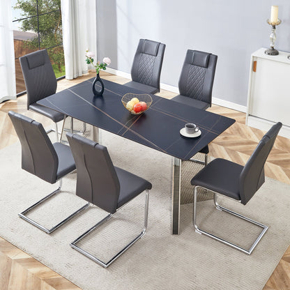 Table and Chair Set.63'x31.5x30' Black Marble-Patterned Slabs Tabletop With Stainless Steel Butterfly Legs.Paried With 6