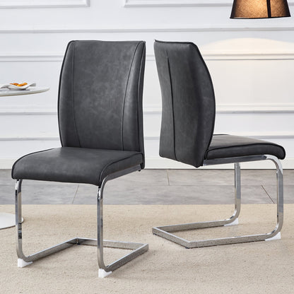 Luxury Simple Arch Chair - Set of 2 Dark Gray PU Material High Resilience Dining Chair With Arched Metal Silver Leg.Craz